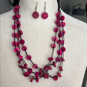 Paparazzi fuchsia/black multi layered necklace and earrings, wooden beads/cord